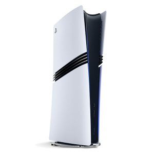 نمای پرسپکتیو کنسول PS5 Pro با طراحی جدید سه خط مشکی و نور آبی